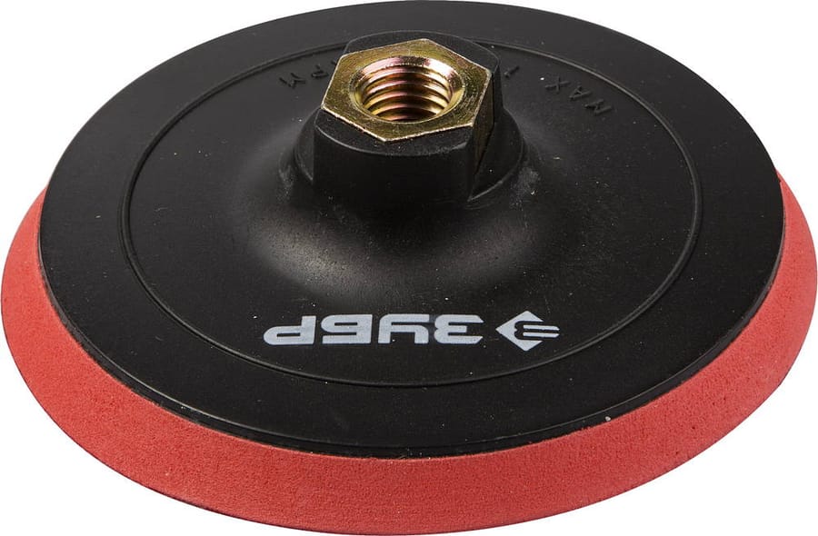 Тарелка опорная ЗУБР "МАСТЕР" резиновая для дрели,на липучке, d 125 мм, шпилька d 8мм, артикул 35740-125