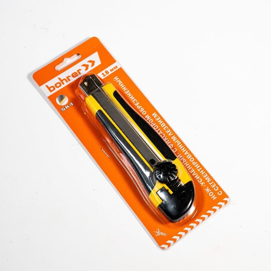 Нож Bohrer с выдвижными лезвиями 18 мм усиленный, двухкомпонентная ручка, регулируемый фиксатор лезв, артикул 43118004