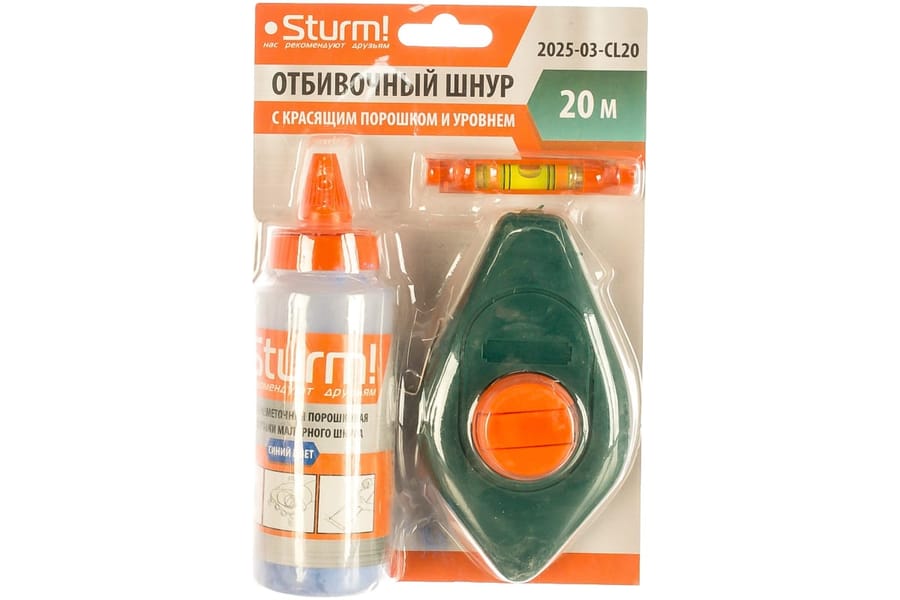 Шнур  отбивочный 20м с красящим порошком +уровень Sturm, артикул 2025-03-CL20