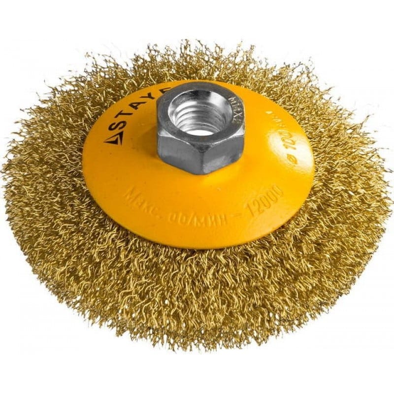 Щетка коническая для УШМ, витая стальная латунированная проволока 0,3мм, 100мм STAYER "PROFESSIONAL, артикул 35133-100