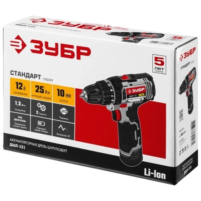 Дрель-шуруповерт ЗУБР ДШЛ-121 в коробке, артикул УТ000074633