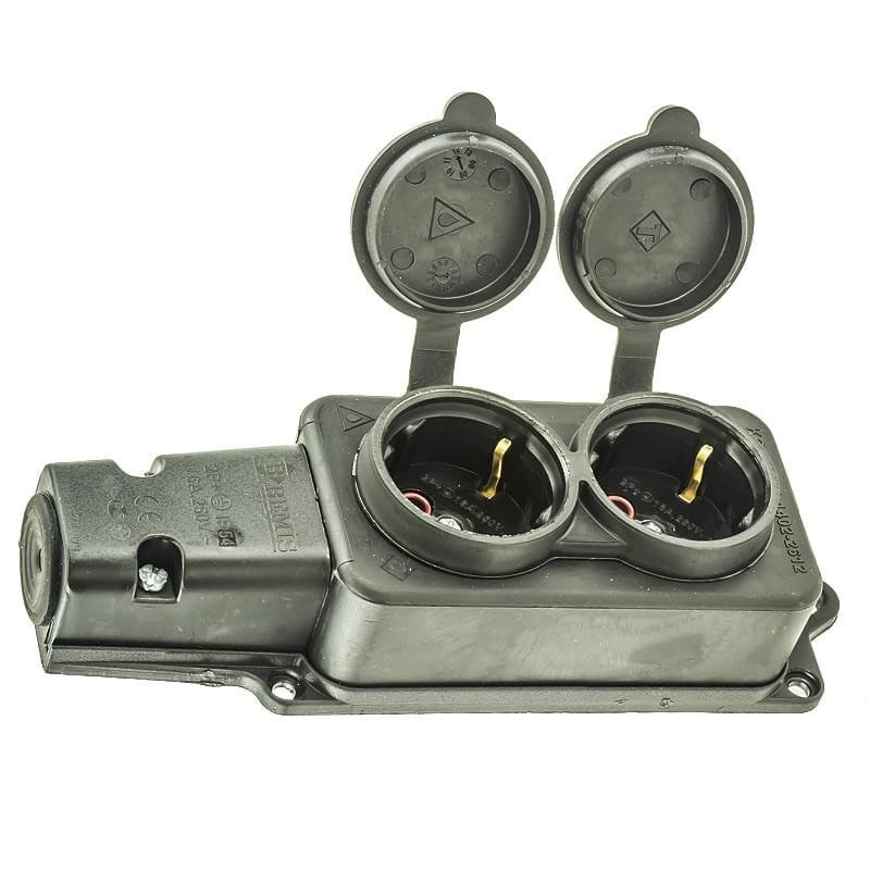 Колодка 2 гнезда с з/к и крышкой каучуковая 220В 16А с з/к, IP54 черная, артикул 45819