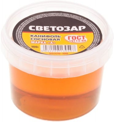 Канифоль СВЕТОЗАР для паяльных работ, пластиковая банка, 100г, артикул 55326-100